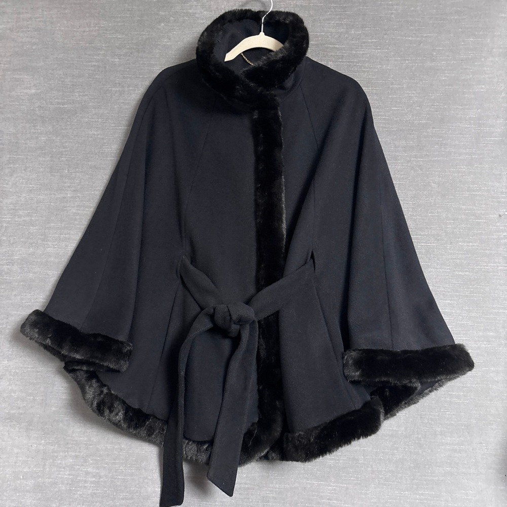 Ellen Tracy Cape L Black Faux Fur Trim Belted Elegant Coat Evening Maximalist